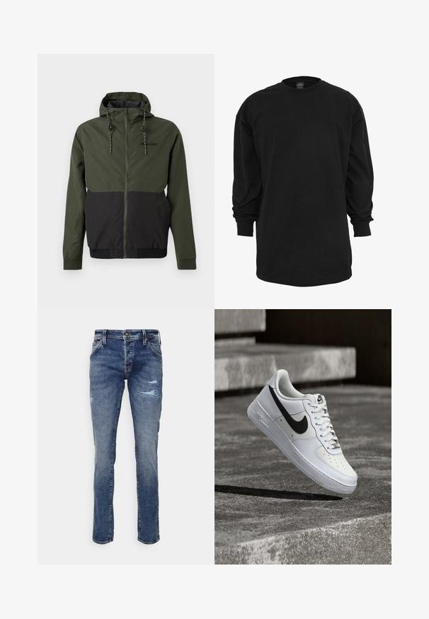 Pánska kapucňová bunda na zips v olivovo zelenej a čiernej farbe s nastaviteľnými šnúrkami a logom Jack & Jones na hrudi.; Čierne tričko s dlhým rukávom vyrobené z bavlny. Má okrúhly výstrih a klasický strih. Hladká textúra bez viditeľných vzorov alebo akcentov.; Modré džínsové nohavice so strihom rovného strihu, s miernym opotrebovaním a roztrhnutými miestami na kolenách. Klasický dizajn s piatimi vreckami, so zipsom na zapínanie.; Biela teniska Nike Air Force 1 s čiernym logom swoosh, zaviazanými šnúrkami, umiestnená vo vzduchu nad textúrovaným betónovým povrchom vonku.