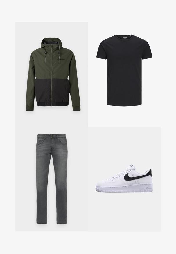 Pánska kapucňová bunda na zips v olivovo zelenej a čiernej farbe s nastaviteľnými šnúrkami a logom Jack & Jones na hrudi.; Čierne bavlnené tričko s okrúhlym výstrihom, krátkymi rukávmi a jednoduchým dizajnom. Hladký povrch, bez vzorov alebo viditeľného hardvéru.; Sivé denimové džínsy s klasickým rovný fitom, s štandardným dizajnom piatich vreciek a jemnou vyblednutou textúrou po celej ploche.; Biele kožené tenisky s textúrovaným čiernym Swooshom, plochými šnúrkami a gumovou podrážkou s ryhovaným vzorom. Na päte je embosovaný nápis "AIR".