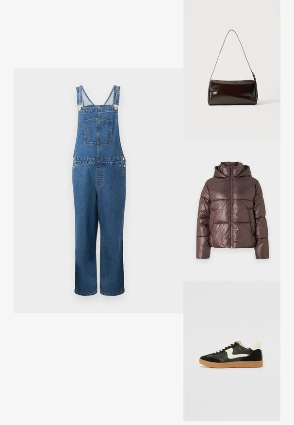 Brun pufferjakke med en blank finish, lynlås lukning, høj krave og lange ærmer. Polstret design med horisontale syninger.; Denim overalls med justerbare stropper, en frontlomme og sidelommer. Farven er en mellemblå med en let falmet struktur.; Sorte ruskinds- og lædersneakers med en cremefarvet side-swoosh og lys cremefarvet hæl. Har beige snørebånd og en gummirubber-sål.; Mørkebrun rektangulær læder skuldertaske med en enkelt tynd rem og spænde i guldton på en ensfarvet baggrund.