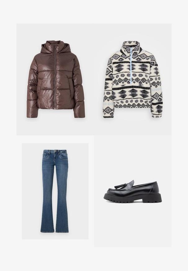 Brun pufferjakke med en blank finish, lynlås lukning, høj krave og lange ærmer. Polstret design med horisontale syninger.; Fleece pullover med halv-zip design, der har et geometrisk sort og gråt mønster på en cremefarvet baggrund med lyseblå lynlåselementer.; Blå denimjeans med mellemhøj talje, fem-lommer-stil, knap- og lynlåslukning samt vide ben mod en ensartet hvid baggrund.; Sorte læderloafer med spids snit, kvastdetalje og chunky gummisål med slidmønster for godt greb.