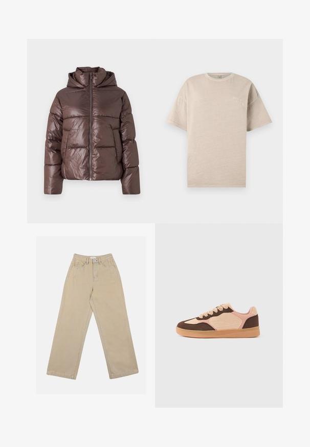 Brun pufferjakke med en blank finish, lynlås lukning, høj krave og lange ærmer. Polstret design med horisontale syninger.; Beige bomulds t-shirt med korte ærmer, rund halsudskæring og en lille hvid trykt tekst "BORN IN HEAVEN" på brystet. Glat tekstur.; Beige vidde benbukser lavet af denim, med høj talje, frontlommer og kontrast søm. Designet inkluderer en knaplukning.; Afslappet sneaker med lysebeige, bløde lyserøde og mørkebrune ruskindspaneler, snørelukning og gummisål mod ensfarvet baggrund.