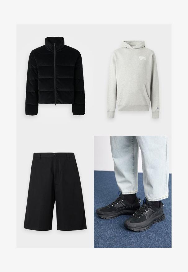 Chaqueta de puffer de pana negra con cuello alto y cremallera frontal. Presenta secciones acolchadas para aislamiento y mangas largas.; Sudadera con capucha gris hecha de tela suave, con bolsillo canguro, capucha con cordón y logo en el pecho izquierdo y la manga. Corte clásico.; Pantalones cortos negros hasta la rodilla con trabillas para cinturón, cierre de botón y parte delantera lisa sobre un fondo neutro.; Zapatillas deportivas negras con tejido texturizado y suelas de goma, con cordones elásticos y un acento azul en el talón. Combinadas con pantalones de mezclilla claros.