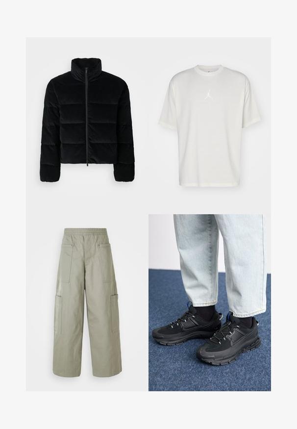 Chaqueta de puffer de pana negra con cuello alto y cremallera frontal. Presenta secciones acolchadas para aislamiento y mangas largas.; Camiseta de algodón blanca con cuello redondo, mangas cortas y un pequeño logo bordado en el centro. Diseño de corte holgado con costuras mínimas.; Pantalones cargo holgados de color verde oliva con una cinturilla elástica, múltiples bolsillos y una textura suave. Ancho colapsable en el dobladillo.; Zapatillas deportivas negras con tejido texturizado y suelas de goma, con cordones elásticos y un acento azul en el talón. Combinadas con pantalones de mezclilla claros.