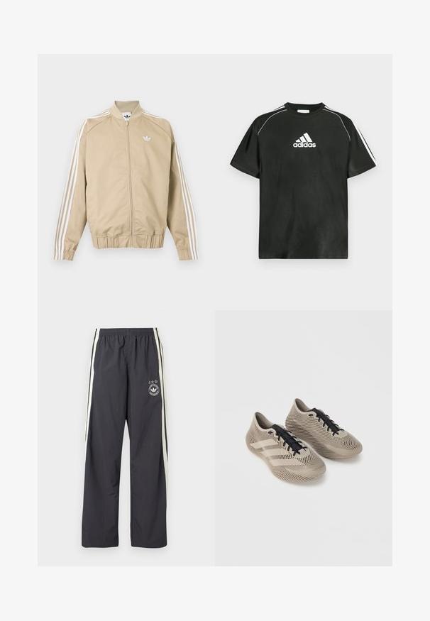 Beige zip-up track jacket with white triple stripes down sleeves and a white Adidas trefoil logo on the chest.; Black short-sleeved T-shirt with white Adidas logo on the chest and white stripes on the shoulders. Made of smooth fabric, relaxed fit.; Dark gray track pants with white side stripes, elastic waistband, and a circular logo with three stars on the left thigh. Lightweight fabric.; Pair of beige athletic shoes with black laces, featuring a textured, striped pattern and three side stripes on a plain background.