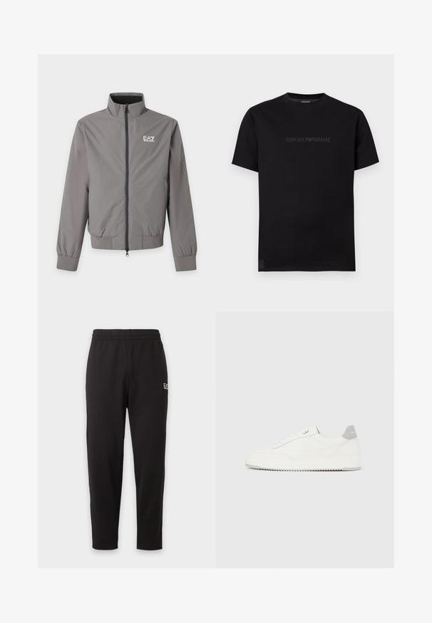 Veste grise zippée avec col montant, poignets et ourlet élastiques, et logo blanc EA7 Emporio Armani sur la poitrine gauche.; T-shirt noir à manches courtes et col rond avec un logo Emporio Armani sombre en relief subtil sur la poitrine, sur fond blanc.; Pantalon de survêtement noir à taille élastique, jambes fuselées, avec un petit logo blanc sur la partie supérieure de la cuisse gauche.; Baskets basses blanches avec un onglet de talon gris, des lacets blancs et une semelle texturée, présentées sur un fond uni clair.