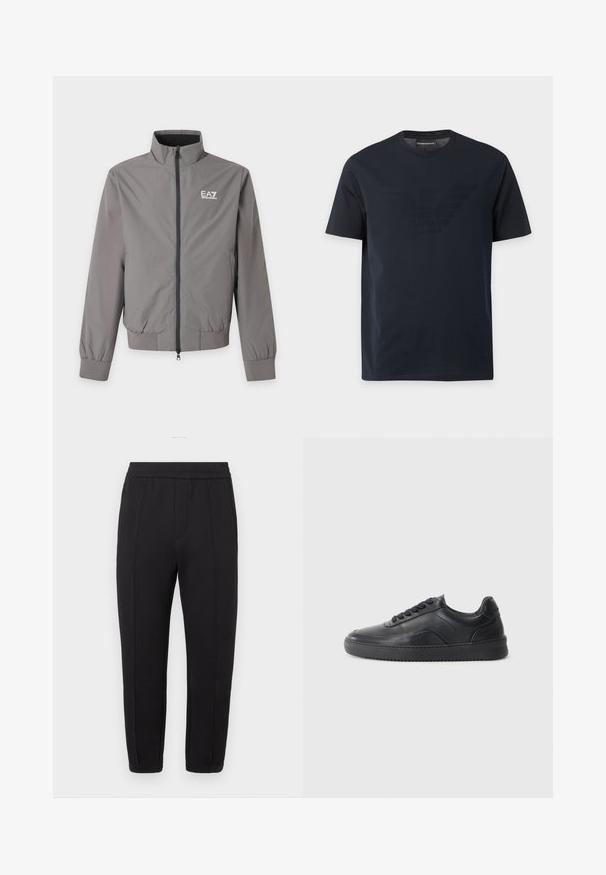 Veste grise zippée avec col montant, poignets et ourlet élastiques, et logo blanc EA7 Emporio Armani sur la poitrine gauche.; T-shirt noir à manches courtes avec col rond, comportant un logo aigle en relief discret sur la poitrine et une étiquette de marque à l'intérieur du col.; Pantalon de jogging noir avec taille élastique, coupe fuselée, plis à l'avant, poches latérales et poignets élastiques aux chevilles.; Chaussure de sport en cuir noir avec une finition lisse, bout arrondi, panneau latéral texturé et lacets noirs. Présente une semelle en caoutchouc plate et un design minimaliste.