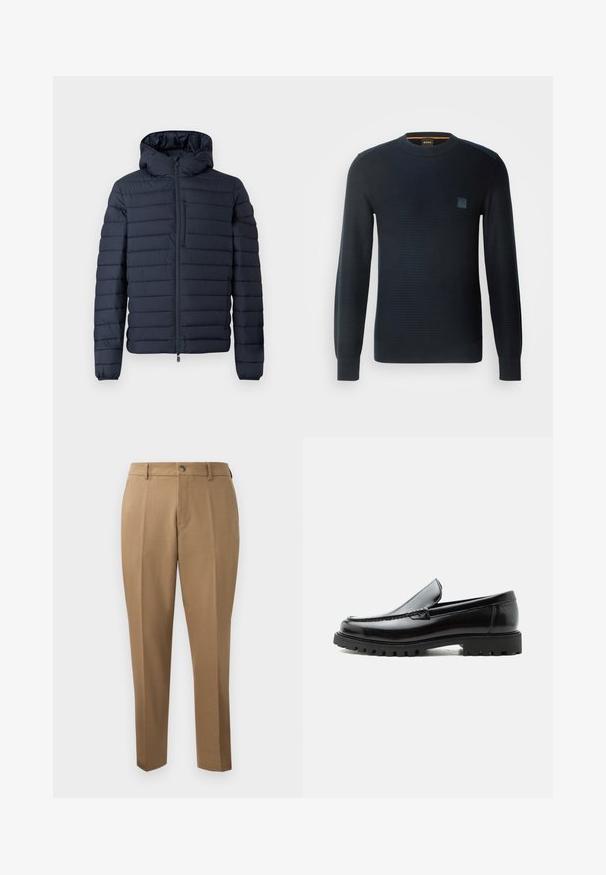 Doudoune bleu marine foncé avec capuche, présentant des sections matelassées horizontales, une fermeture éclair frontale et des poignets élastiques. Design minimaliste avec des accents subtils.; Pull en tricot bleu marine à manches longues, col rond, tissu texturé et un petit logo brodé sur la poitrine.; Pantalons marron sur mesure avec une coupe droite, plis simples, passants de ceinture et fermeture à bouton sur le devant. Tissu lisse avec une texture mate.; Mocassin en cuir noir avec semelle en caoutchouc épaisse, dessus cousu et nom de marque embossé sur le talon, présenté de profil sur fond blanc.