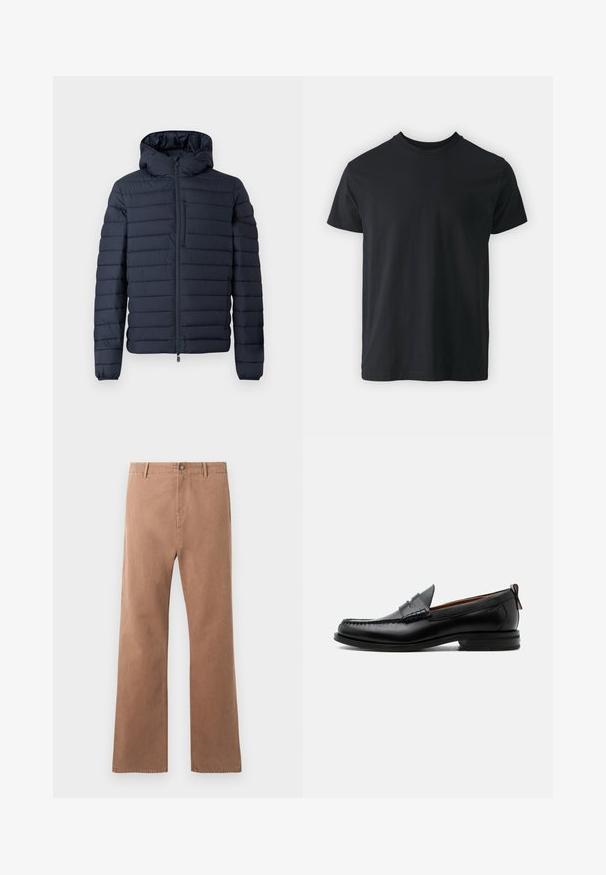 Doudoune bleu marine foncé avec capuche, présentant des sections matelassées horizontales, une fermeture éclair frontale et des poignets élastiques. Design minimaliste avec des accents subtils.; T-shirt noir en coton à manches courtes avec un col rond et une coupe décontractée. Texture lisse et ourlet droit, sans graphismes ni motifs visibles.; Pantalons droits marron en coton. Dotés d'une fermeture à bouton, de poches à l'avant et de coutures visibles le long des coutures.; Mocassin homme en cuir noir avec couture moc toe, bride penny, col texturé et petit talon empilé sur fond blanc.