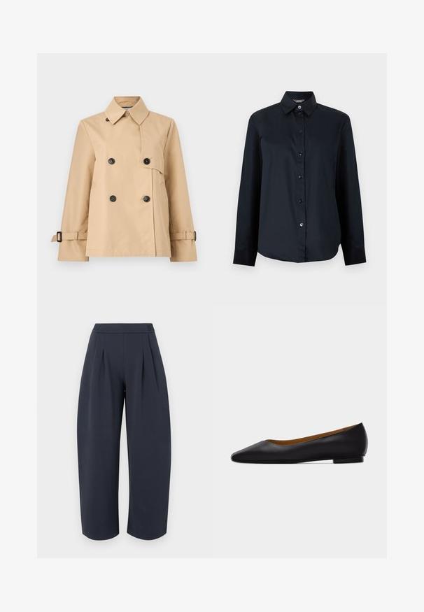 Trench-coat double boutonné beige avec boutons noirs, large col, poches latérales et sangles à boucle réglables aux poignets.; Chemise noire à manches longues avec boutons, col pointu et ourlet légèrement arrondi, présentée sur un fond gris clair uni.; Pantalon large et court couleur bleu marine foncé avec taille haute et plis à l'avant, présenté sur un fond clair uni.; Chaussure plate en cuir noir à bout pointu avec talon bas et finition lisse, vue de côté sur un fond gris clair.