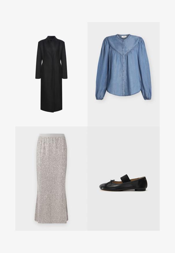 Manteau en laine noir avec un col haut, des manches longues et une coupe droite. Design minimaliste sans fermetures ni motifs visibles.; Blouse en denim bleu clair avec manches longues bouffantes, col rond, empiècement froncé et fermeture boutonnée à l'avant.; Jupe en sequins argentés, longueur genoux, avec une taille ajustée, présentant des motifs de brillance verticaux et des fentes latérales pour faciliter le mouvement.; Ballerines en cuir noir avec un bout arrondi, un petit nœud décoratif et une lanière élastique sur le cou-de-pied pour un maintien sécurisé. Semelle plate.