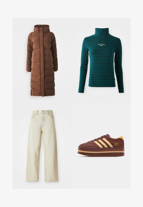 Lang, brun dunjakke med høj krave, quiltede sektioner og lynlås foran. Har sidelommer og et slankt, strømlinet design.; Langærmet turtleneck top i teal med mørkeblå vandrette striber. Har et lille hvidt og guld logo på brystet. Blødt, strækbart stof.; Løse denimjeans i en lys beige nuance med forlommer, høj talje og subtile syninger. Fremstillet af struktureret denimstof.; Brune ruskinds sneaker med gule detaljer, der har tre laterale striber, en tyk platformssål og en guldslogo detalje.