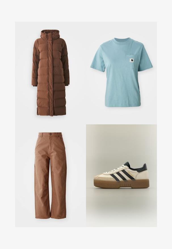 Lang, brun dunjakke med høj krave, quiltede sektioner og lynlås foran. Har sidelommer og et slankt, strømlinet design.; Lyseblå kortærmet bomulds T-shirt med brystlomme og et lille sort-hvidt Carhartt logo patch.; Brune bukser med brede ben lavet af slidstærkt stof. Har en høj talje, forlommer og diskrete syninger.; Hvid Adidas sneaker med sorte striber, beige ruskindstå, brun sål og "SPEZIAL" i guldskrift på siden.