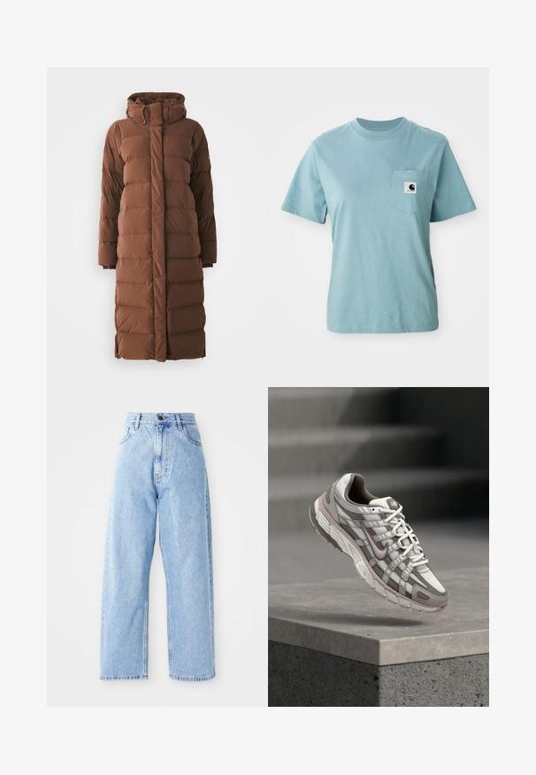Lang, brun dunjakke med høj krave, quiltede sektioner og lynlås foran. Har sidelommer og et slankt, strømlinet design.; Lyseblå kortærmet bomulds T-shirt med brystlomme og et lille sort-hvidt Carhartt logo patch.; Højhalset lysblå denimjeans med lige vide ben, frontknap, lynlås lukning samt front- og baglommer.; Grå og hvide Nike løbesko med mesh og syntetiske overlays, ophængt over en betonforkant med trapper i baggrunden.