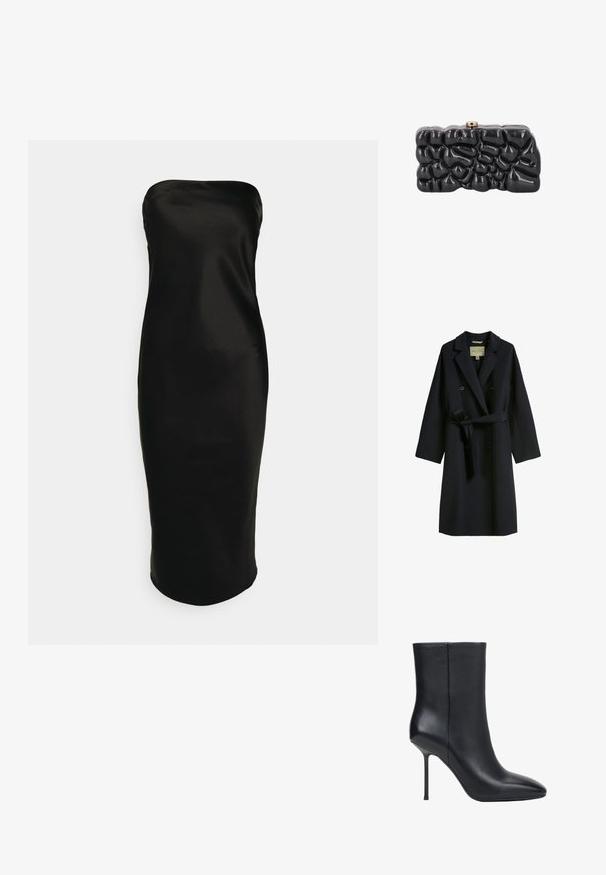 Donker marineblauwe trenchcoat van een wolmix, met een dubbel-breasted ontwerp, brede revers en een tailleband. Knopen zijn cirkelvormig en zwart.; Gina Tricot TUBE MIDI DRESS - Cocktailjurk - black; Zwarte leren enkellaars met puntige neus en dunne stilettohak, gladde textuur, zijaanzicht op witte achtergrond.; Glanzende zwarte clutch met een abstract, getextureerd oppervlak en een kleine metalen sluiting bovenop, getoond tegen een witte achtergrond.