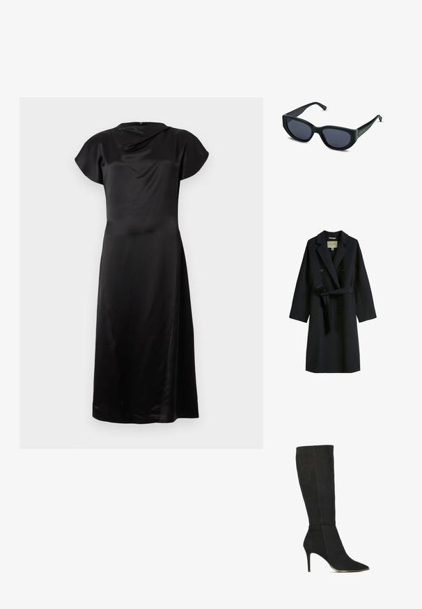 Mørkeblå trench coat lavet af uldblanding, med dobbeltknaplukning, brede revers og taljebånd. Knappene er runde og sorte.; Sort satin kjole med en cowl halsudskæring og korte ærmer, der har en flydende silhuet og en sidesløjfe for nem bevægelse.; Kazar PARIS - Høje støvler/ Støvler - black; Sorte solbriller med vinkelret katteøje-design, mørkt tonede linser, blanke plastikerammer og subtile guldfarvede detaljer på stængerne.