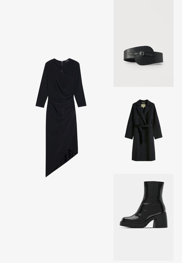 Donker marineblauwe trenchcoat van een wolmix, met een dubbel-breasted ontwerp, brede revers en een tailleband. Knopen zijn cirkelvormig en zwart.; Zwart lange mouw jurk met asymmetrische zoom, met geplooide stofdetails, een subtiele glans en een verborgen rits aan de achterkant.; Zwarte enkellaarzen met een glanzende afwerking, vierkante neus en een dikke blokhak. Het ontwerp heeft een naadloze silhouet en minimale branding.; Zwarte leren riem met een langwerpige vorm met een afgeronde uiteinde, een elegante gesp en een gladde textuur.