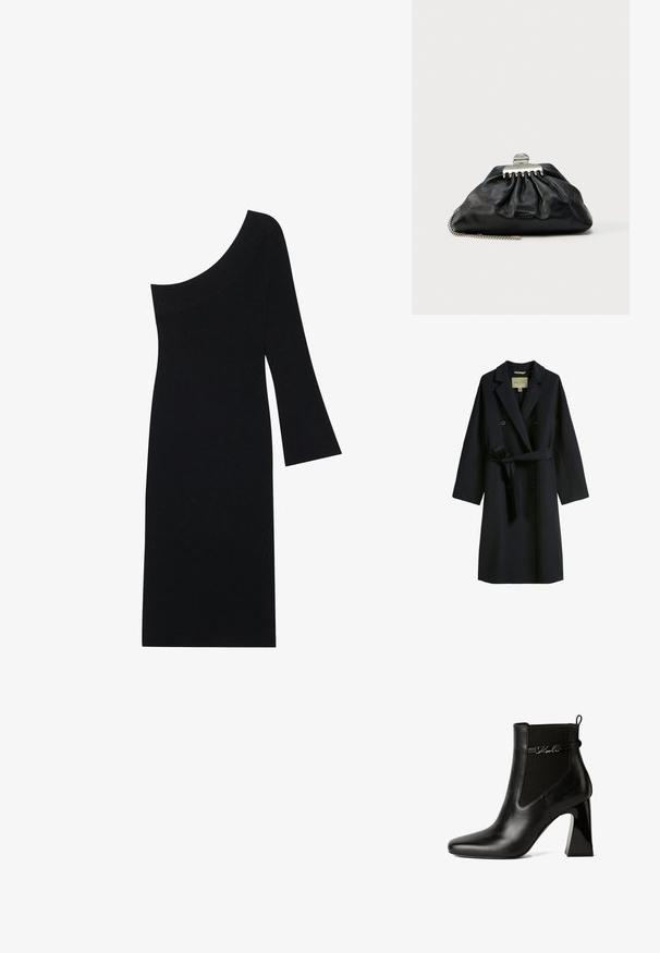 Mørkeblå trench coat lavet af uldblanding, med dobbeltknaplukning, brede revers og taljebånd. Knappene er runde og sorte.; Sort ribbet strikkjole med en asymmetrisk halsudskæring og én klokkeslæbe, med en tætsiddende silhuet der går til knæ.; KARL LAGERFELD ASTRA NOVA GORE - Højhælede støvletter - black lthr; Sort læderclutch med samlet design, sølv hardware-lås og kæderem. Diskret logo præget foran.