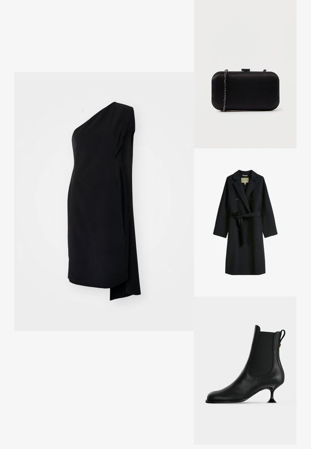 Manteau trench bleu marine en mélange de laine, doté d'un design à double boutonnage, d'un col large et d'une ceinture à la taille. Les boutons sont ronds et noirs.; Robe asymétrique noire à une épaule, en tissu satiné, avec un design drapé et une fente sur le côté pour un détail supplémentaire.; Bottine en cuir noir à bout pointu, panneaux latéraux élastiques, et petit talon fin évasé sur un fond clair uni.; Pochette rectangulaire noire en matériau lisse. Équipée d'une bandoulière en chaîne détachable et d'un fermoir métallique sur le dessus. Design simple avec des bords arrondis.