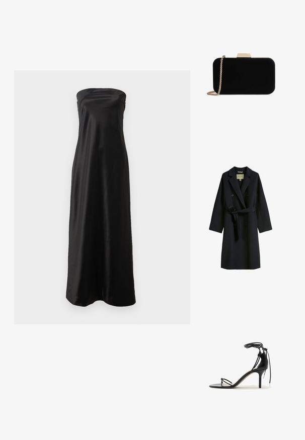 Mørkeblå trench coat lavet af uldblanding, med dobbeltknaplukning, brede revers og taljebånd. Knappene er runde og sorte.; Sort stropløs maxikjole lavet af satinmateriale, med et enkelt design, glat tekstur og en flydende silhuet.; Sort højhælet sandal med tynde remme, ankelbind og en mellem-høj stilethæl på en hvid baggrund.; Sort velour clutch med guldfarvede detaljer, rektangulær form og kædestrop, der har en glat tekstur og ingen synlige mønstre.