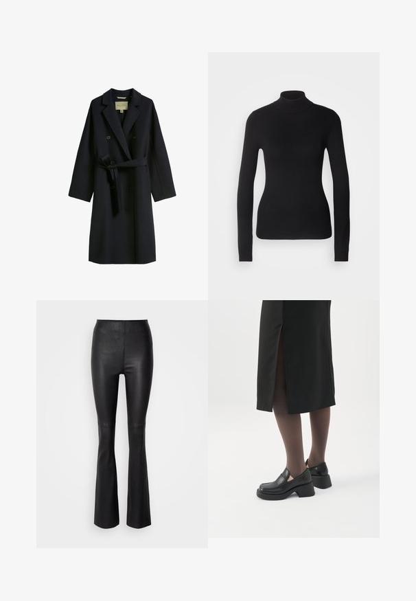 Mørkeblå trench coat lavet af uldblanding, med dobbeltknaplukning, brede revers og taljebånd. Knappene er runde og sorte.; Sort turtleneck sweater lavet af let strikket stof. Har lange ærmer, et tætsiddende design og en blød ribbet tekstur.; Sorte flagrende bukser lavet af glat, kunstlæder med høj talje og syninger over knæet.; Kvinde iført sorte loafers med chunky hæl, sorte tynde strømpebukser og en sort nederdel med slids bagpå på hvid baggrund.