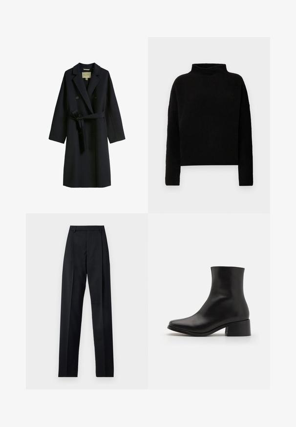 Manteau trench bleu marine en mélange de laine, doté d'un design à double boutonnage, d'un col large et d'une ceinture à la taille. Les boutons sont ronds et noirs.; Pull en col roulé noir en tissu doux, avec des manches longues et une coupe décontractée, présentant des coutures minimales et sans embellissements visibles.; Pantalon noir en tissu lisse avec taille haute, jambes larges, plis à l'avant et passants de ceinture classiques. Pas de poches latérales visibles.; Bottines en cuir noir avec un bout arrondi, un talon bloc de hauteur moyenne et un design sans couture. Texture lisse avec des détails de couture minimaux.