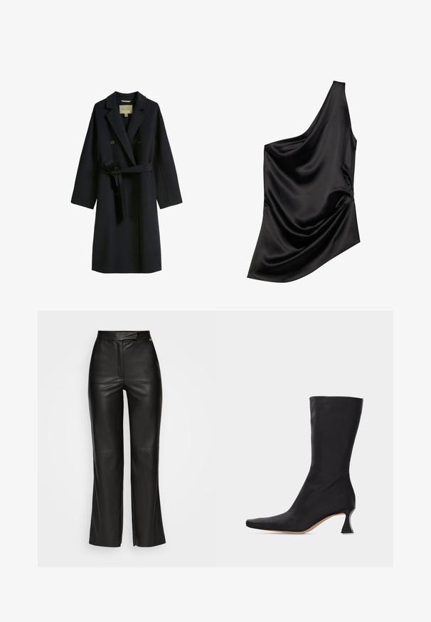Mørkeblå trench coat lavet af uldblanding, med dobbeltknaplukning, brede revers og taljebånd. Knappene er runde og sorte.; Sort satin-top med en asymmetrisk halsudskæring, draperet stofdetalje og blød tekstur. Har én skulder og en flydende silhuet.; MARCIANO BY GUESS VIXEN WIDE LEG PANT - Bukser - jet black; Sort læderstøvle, der går til midt på læggen, med spids tå og buet lav hæl, mod en ensartet lys baggrund.