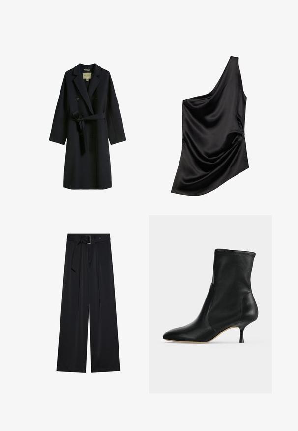 Donker marineblauwe trenchcoat van een wolmix, met een dubbel-breasted ontwerp, brede revers en een tailleband. Knopen zijn cirkelvormig en zwart.; Zwarte satijnen top met een asymmetrische halslijn, gedrapeerde stofdetails en een zachte textuur. Kenmerkt zich door één schouder en een vloeiende silhouet.; Zwarte wijde broek van gladde stof, met een hoge tailleband en een riem met lussen, en opvallende aantal plooien aan de voorkant.; Zwarte leren enkellaars met spitse neus en smalle hak van middelhoge hoogte, zijaanzicht op een lichte achtergrond.