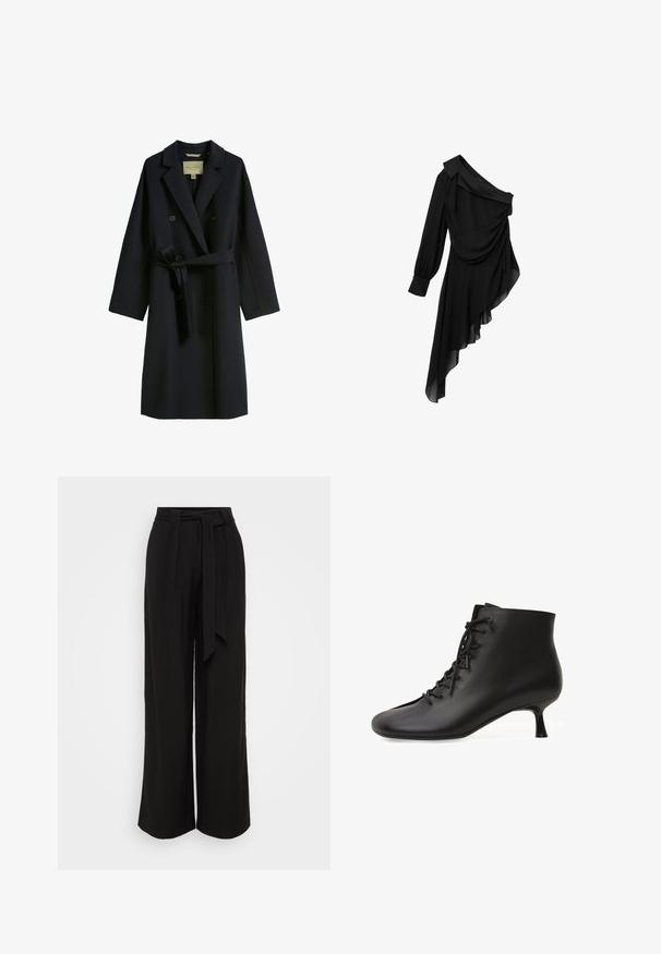 Mørkeblå trench coat lavet af uldblanding, med dobbeltknaplukning, brede revers og taljebånd. Knappene er runde og sorte.; Sort kjole lavet af let stof, med design med én skulder, draperet front, langærmet og asymmetrisk kant.; Sorte bukser med vidde i benene lavet af et glat stof, med høj talje, bindebælte og læg for et skræddersyet look.; Sort læder ankelstøvle med front snørebånd og lav kitten-hæl på hvid baggrund.