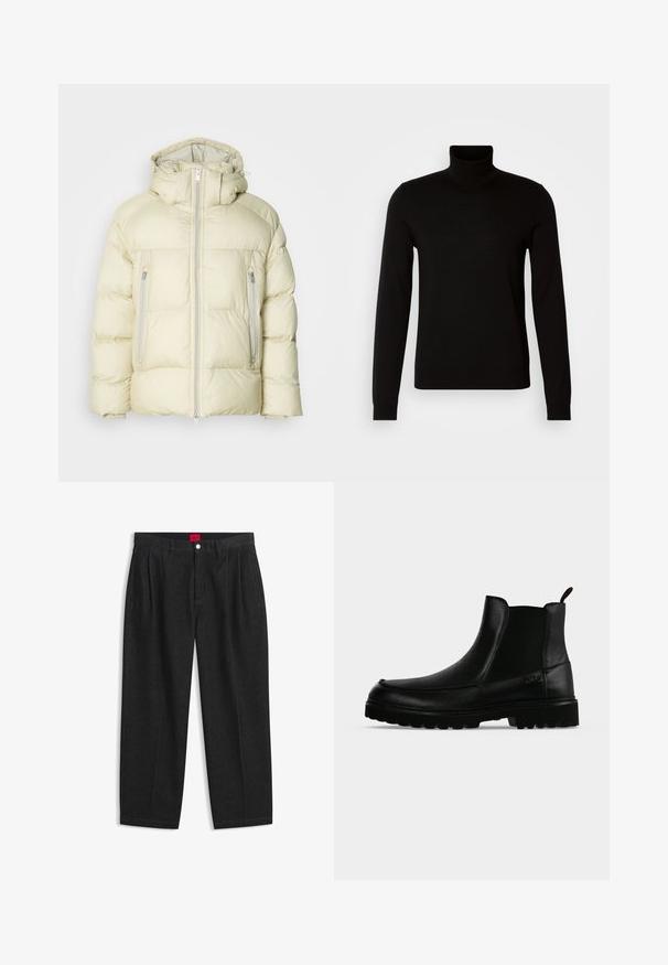 Fyldig, cremefarvet jakke med høj krave, aftagelig hætte og to lynlåslommer på siden. Tekstureret, blødt stof med vandret syning.; Sort turtleneck sweater lavet af et fint strikket stof, der har lange ærmer og en tætsiddende silhuet. Glat tekstur med ribbede manchetter.; Sorte bukser med høj talje med forreste læg, bæltestropper, knap og lynlås lukning samt en rød label indeni linningen.; Sort læderankelstøvle med tekstureret sål, elastiske sidepaneler og træksnor på en lysegrå baggrund.