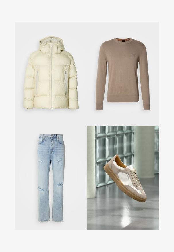 Fyldig, cremefarvet jakke med høj krave, aftagelig hætte og to lynlåslommer på siden. Tekstureret, blødt stof med vandret syning.; Herrebeige crewneck sweater med lange ærmer, ribbede manchetter og kant, med et lille firkantet logo på brystet.; Lysvaskede denimjeans med en afslappet pasform, der har slidte områder og frynsede kanter. Stoffet har en blød, glat tekstur.; Beige og hvid sneaker med tan sål og "BOSS" logo, ophængt over en reflekterende glat gulv med glasblokvæg i baggrunden.