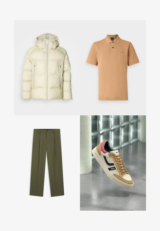 Dikke crèmekleurige jas met een hoge kraag, afneembare capuchon en twee zijzakken met ritssluiting. Gevuld, zacht stof met horizontale stiksels.; Tankleurig poloshirt met korte mouwen, gemaakt van een gestructureerde stof, voorzien van een drieknopenlijst, een puntige kraag en een subtiel logo op de borst.; Olijfgroene broek met rechte pijpen, riemlussen, een voorste knoop en ritssluiting, plat liggend op een witte achtergrond.; Modieuze sneaker in beige, tan, zwart en rood met "BOSS"-branding, zwevend boven een grijze vloer met glazen blokken wanden op de achtergrond.