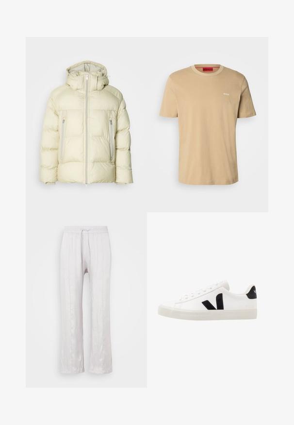 Dikke crèmekleurige jas met een hoge kraag, afneembare capuchon en twee zijzakken met ritssluiting. Gevuld, zacht stof met horizontale stiksels.; Beige katoenen t-shirt met een ronde hals, korte mouwen en een klein wit "HUGO" logo op de borst. Een gladde textuur zonder patronen.; Lichtgrijze, losse broek van gladde stof met een elastische tailleband en een trekkoord. Rechte pijpen met subtiele plooien, geen zichtbaar patroon.; Witte leren sneaker met zwarte suède accenten; voorzien van een rubberen zool, ronde neus en een klassieke vetersluiting. Zijkant met logo in het zwart.