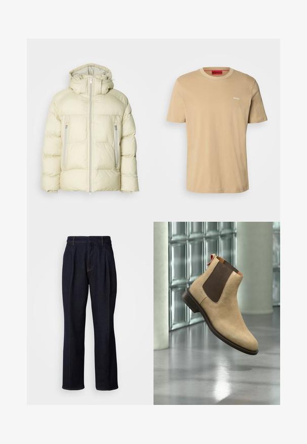 Fyldig, cremefarvet jakke med høj krave, aftagelig hætte og to lynlåslommer på siden. Tekstureret, blødt stof med vandret syning.; Beige bomulds t-shirt med rund halsudskæring, korte ærmer og et lille hvidt "HUGO" logo på brystet. Glat tekstur uden mønstre.; Mørkeblå vidde denim jeans med frontfældninger og orange syninger, vist på hvid baggrund.; Beige ruskind Chelsea-støvle med mørkebrun elastisk sidepanel og trække-flap, vist svævende over reflekterende poleret gulv indendørs.