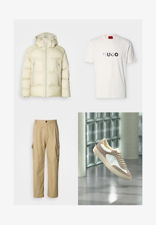 Puffige, cremefarbene Jacke mit hohem Kragen, abnehmbarem Kapuzen und zwei seitlichen Reißverschlusstaschen. Strukturiertes, weiches Material mit horizontalen Nähten.; Weißes T-Shirt mit kurzen Ärmeln und Rundhalsausschnitt, mit reflektierendem "HUGO"-Logo, mittig auf der Brust.; Beige Cargo-Hosen aus strapazierfähigem Stoff, mit lockerem Schnitt, Seitentaschen und Knopfverschluss an der Taille.; Beige und weiße Wildleder-Sneaker mit Schnürsenkeln und „BOSS“-Logo, schwebend über einem polierten Betonboden mit Glasbausteinwänden im Hintergrund.