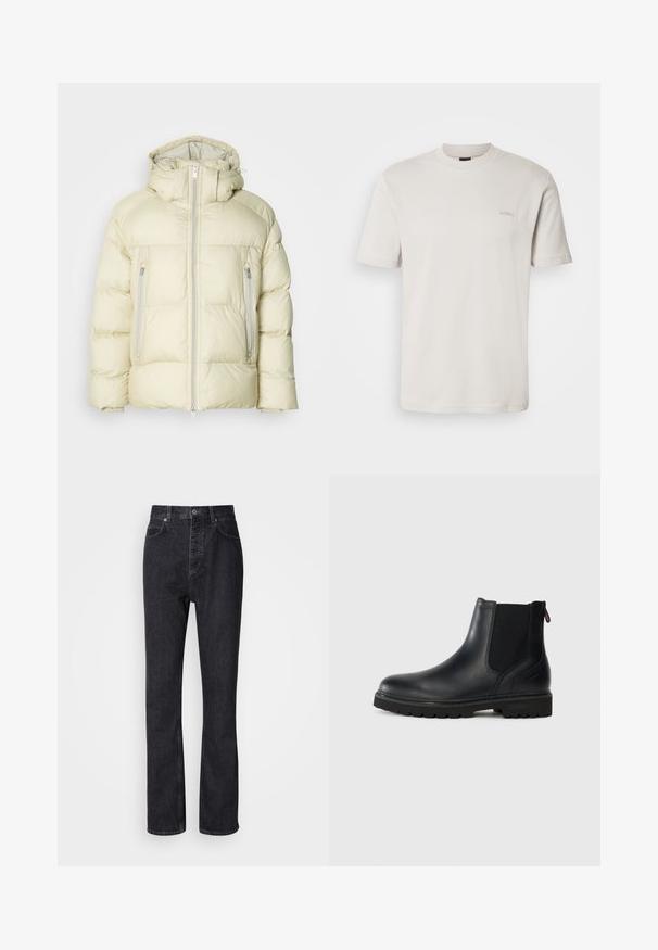Fyldig, cremefarvet jakke med høj krave, aftagelig hætte og to lynlåslommer på siden. Tekstureret, blødt stof med vandret syning.; Enkelt lysebeige T-shirt med korte ærmer og rund hals, med lille "BOSS"-logo broderet på venstre bryst.; Høj talje sorte denim jeans med knap- og lynlåsåbning, for- og baglommer samt lige ben.; Sorte læder ankelstøvler med elastiske sidepaneler, rund tå og en robust gummisål med dybe riller for bedre greb.