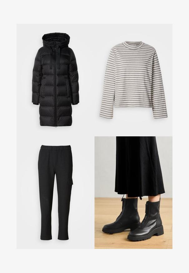 Manteau rembourré noir avec capuche, fermeture éclair et deux poches latérales. Fabriqué en tissu lisse et brillant avec une texture matelassée.; Haut à manches longues rayé en gris clair et blanc, présentant un col rond et une coupe décontractée. Le tissu semble doux, avec une surface légèrement texturée.; Pantalons noirs à rayures fines avec une taille élastique et une coupe droite. Présente une poche latérale avec rabat, fabriqués à partir d'un tissu lisse.; Bottines en cuir noir avec une semelle plateforme épaisse et une fermeture éclair à l'avant. Texture lisse avec un design minimaliste.