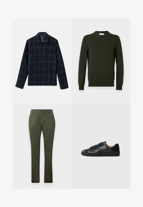 Chaqueta de cuadros en verde oscuro y azul marino, con botones, de manga larga, cuello y cuatro bolsillos frontales.; Suéter verde oscuro hecho de una mezcla de lana texturizada, con cuello redondo y mangas largas, y con puños y dobladillo acanalados.; Pantalones de pierna recta color verde oliva con presillas para cinturón, cierre frontal con cremallera y botón, exhibidos sobre un fondo blanco liso.; Zapatilla negra de cuero con una textura suave, puntera redonda y cierre de cordones. Presenta una suela de goma gruesa y un detalle de marca mínimo.