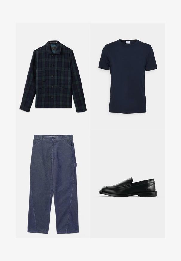 Chaqueta de cuadros en verde oscuro y azul marino, con botones, de manga larga, cuello y cuatro bolsillos frontales.; Camiseta de cuello redondo en azul marino, fabricada con tejido suave. Tiene mangas cortas y un corte clásico, con una etiqueta en el cuello. Textura lisa y diseño minimalista.; WOOD WOOD WWWILSON TWISTED SEAM TROUSERS - Pantalones - envy green; Mocasín de cuero negro con tacón bajo, punta redondeada y detalles cosidos a lo largo del borde superior.