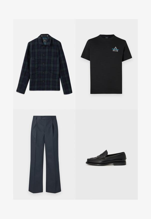 Veste à carreaux vert foncé et bleu marine, à boutons, avec manches longues, col et quatre poches avant.; T-shirt en coton noir avec un graphique de montagne triangulaire en blanc et bleu, à manches courtes et col rond.; Pantalons larges rayés marine avec plis avant, fermeture à bouton unique et tissu lisse. Présente des fines rayures verticales vertes pour le détail.; Mocassin en cuir noir avec un détail tissé à l'avant, bout arrondi et petit talon. Texture lisse et design minimaliste.