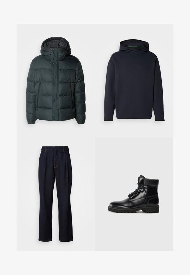 Doudoune verte foncée avec un col montant, une capuche, des boutons-pression, des poches latérales zippées et un design matelassé pour l'isolation.; Sweat à capuche bleu marine en tissu doux avec une coupe décontractée, doté d'un col montant, de manches longues, et d'un logo discret sur la manche.; Jean en denim large à jambes bleues foncées avec des plis devant et des coutures orange, présenté sur fond blanc.; Bottine en cuir noir avec une finition brillante, design à lacets, col rembourré et semelle en caoutchouc robuste avec des grips de traction.