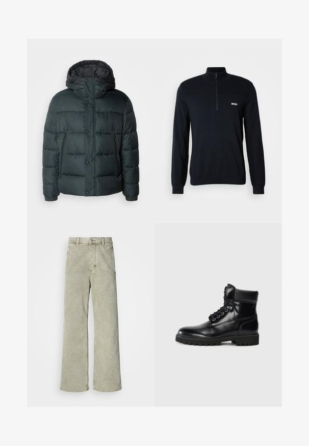 Pufferjakke i mørkegrøn med høj krave, hætte, trykknapper, lynlåslommer og en quiltet design til isolering.; Marineblå sweater med høj krave og halv lynlås. Materialet er blødt med en struktureret overflade. Har et lille hvidt "BOSS" logo på brystet.; Lys grøn brede jeans med høj talje, lavet af denim, med knaplukning og klassisk fem-lommer design.; Sort læder ankelstøvle med en blank finish, snørelukning, polstret krave og en robust gummisål med skridgreb.