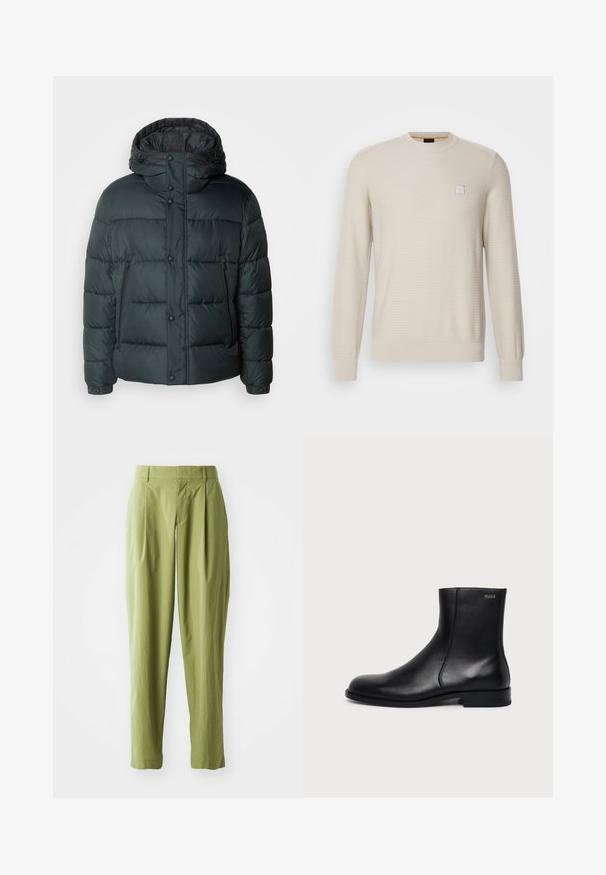 Pufferjakke i mørkegrøn med høj krave, hætte, trykknapper, lynlåslommer og en quiltet design til isolering.; Lys beige sweater lavet af struktureret stof. Har en rund hals, lange ærmer og et lille firkantet logo på brystet.; Lys grønne bukser lavet af et struktureret stof, med en lige form, folder foran og en standard talje.; Sort læderankelstøvle med lav hæl, sidesyning og lille "HUGO" logo på den øverste manchet mod en ensfarvet baggrund.