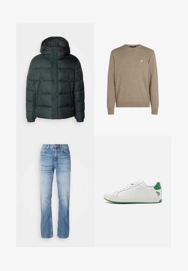 Donsjack in donker groen met een hoge kraag, capuchon, drukknoopsluitingen, ritszakken aan de zijkant en een gestikt ontwerp voor isolatie.; Beige ronde hals trui van zacht materiaal. Ribgebreide mouwen en onderkant. Voorzien van een klein logo op de borst. Eenvoudig ontwerp, lichte textuur.; Lichtblauwe denim jeans met een recht gesneden pijp, vervaagde afwerking, vijf zakken en een knoopsluiting. Klassiek ontwerp en gemiddelde dikte.; Witte leren sneaker met groene accenten en een zebramotief op de hak. Voorzien van platte veters en een rubberen zool met een lichte textuur.