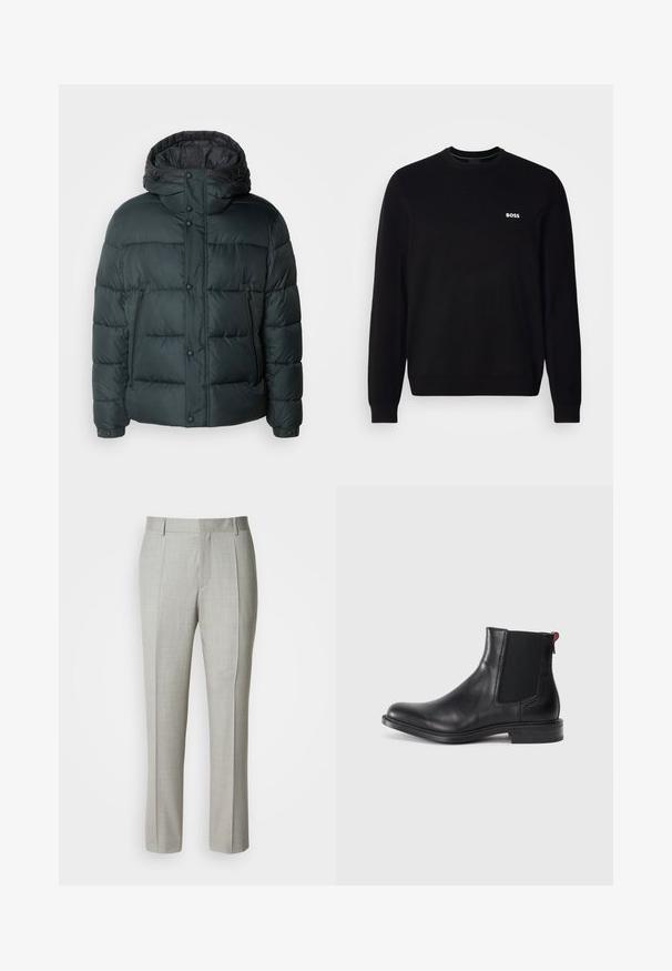 Pufferjakke i mørkegrøn med høj krave, hætte, trykknapper, lynlåslommer og en quiltet design til isolering.; Sort langærmet crewneck trøje med lille hvid "BOSS" logo på venstre bryst, ribbede manchetter og bund, præsenteret mod en hvid baggrund.; Lysegrå, skræddersyede bukser lavet af glat stof med lige snit, for-pressede læg og klassisk linning med bæltestropper.; Sort læder Chelsea-støvle med elastiske sidepaneler, afrundet tå og lav, stablet hæl. Har en rød løftestrop og subtil branding på siden.