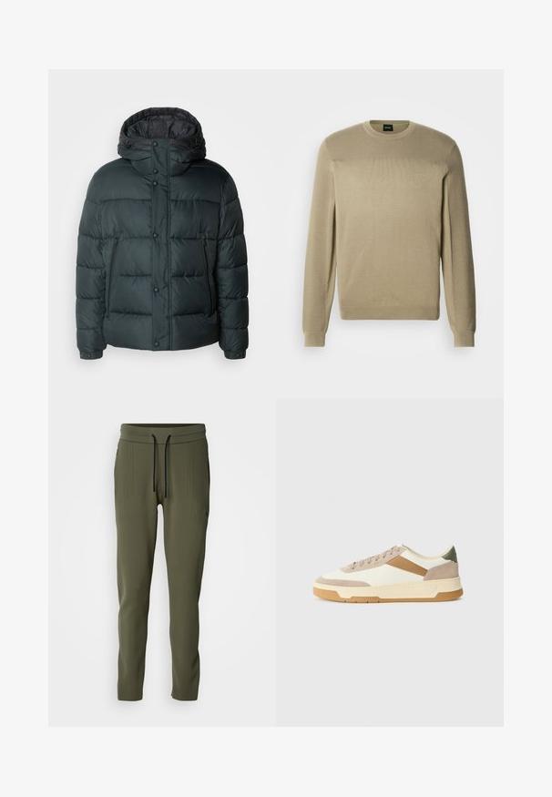 Donsjack in donker groen met een hoge kraag, capuchon, drukknoopsluitingen, ritszakken aan de zijkant en een gestikt ontwerp voor isolatie.; Beige trui gemaakt van zachte gebreide stof, met een ronde hals, lange mouwen en gestructureerde ribbels op de schouders. Subtiel logodetail.; Joggingbroek in olijfgroen met geribbelde textuur, elastische tailleband en zwart trekkoord. Voorzien van zijzakken en taps toelopende boorden.; Sneakers in beige, crème en olijfgroen, met suede en leer, een ronde neus, een minimalistisch ontwerp en een rubberen zool.