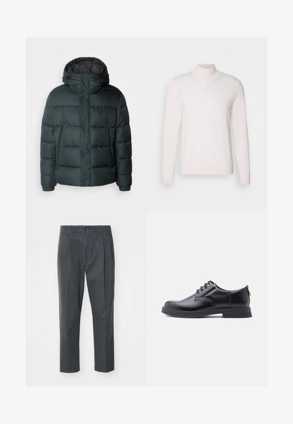 Pufferjakke i mørkegrøn med høj krave, hætte, trykknapper, lynlåslommer og en quiltet design til isolering.; Lyserød rullekravesweater med lange ærmer, blød tekstur, ribbet krave og manchetter, der har et klassisk, tætsiddende design.; Grå stribede bukser med lige ben, der har en knaplukning og en glat stofoverflade. Skræddersyet pasform med folder.; Sorte snørestøvler i læder med glat tekstur, rundet tå og diskrete syningsdetaljer. Har en rød trækflig på hælen.