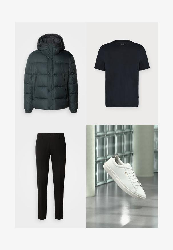 Pufferjakke i mørkegrøn med høj krave, hætte, trykknapper, lynlåslommer og en quiltet design til isolering.; Sort T-shirt med korte ærmer og rund hals samt et lille BOSS-mærke på kraven, vist mod en ensfarvet hvid baggrund.; Sorte bukser med lige ben design, der har knaplukning, bæltestropper og en glat stofstruktur. Ingen synlige mønstre eller accenter.; Hvid læder lav-top sneaker med snørebånd, sort hælflig og "BOSS"-logo, svævende indendørs nær glasblok væg og poleret gulv.