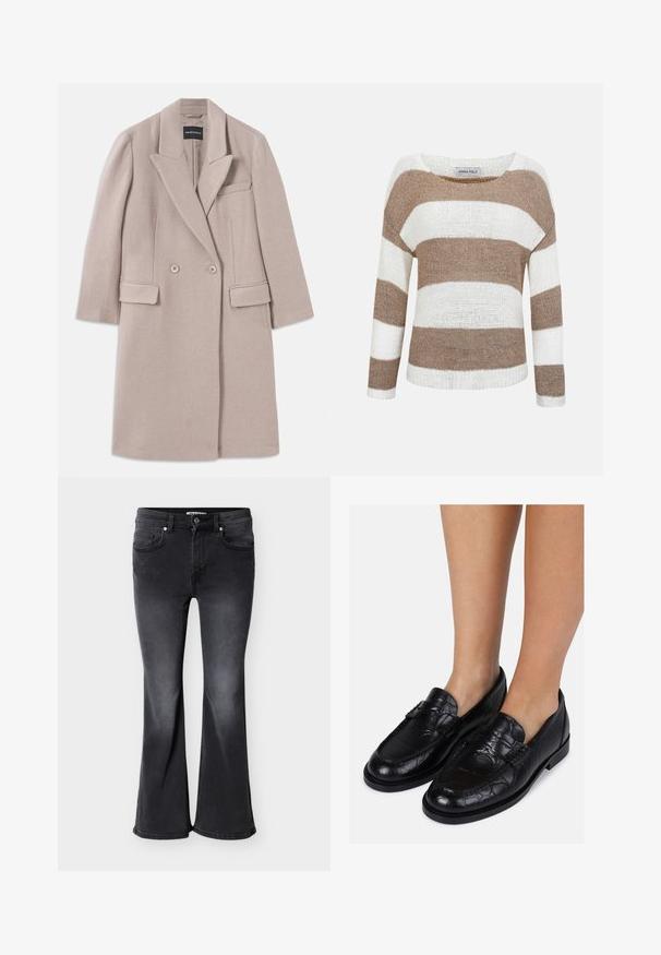 Beige dobbeltbrystet uldfrakke med klapkrave, to frontlommer med flap, en brystlomme og lange ærmer.; Strikket langærmet sweater med brede horisontale beige og hvide striber, rund halsudskæring og ribstrikkede manchetter og kant.; Sorte flared jeans lavet af denim, med fire lommer, bæltestropper og en falmet struktur med en en smule mørkere tone ved kanten.; Sorte læderloafer med krokodillestruktur, der har en rund tå og ingen snørebånd, vist på bare ben. Flad sål og lav hæl.