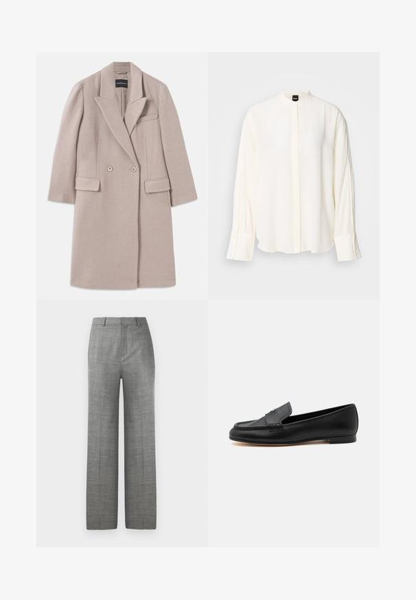 Beige dubbelzijdige woljas met notch revers, twee voorzakken met klep, een borstzak met bies en lange mouwen.; Lange mouwen, crèmekleurige blouse gemaakt van gladde stof; mandarina-kraag, voorste beleg, geruite manchetten en een losse pasvorm.; Grijze op maat gemaakte wijde broek met riemlussen en een voorvouw op een witte achtergrond, geschikt voor formele of kantoorkleding.; Zwarte leren loafer met lage hak, gestikte details en een klein metalen accent op de bovenkant.