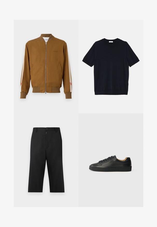 Braune Bomberjacke mit geribbeltem Saum und Bündchen, Reißverschluss, seitlichen Taschen und beigen Akzentstreifen mit roten Zahlen.; sandro PABLO TEE - T-Shirt basic - noir; Schwarze, gekürzte Hose aus einem glatten Stoff, mit Reißverschluss und Knopfverschluss vorne, Gürtelschlaufen und Seitentaschen.; Schwarze, niedrig geschnittene Ledersneaker mit strukturierter Oberfläche, schwarzen Schnürsenkeln und dicker Gummisohle, seitlich auf einem hellen Hintergrund dargestellt.